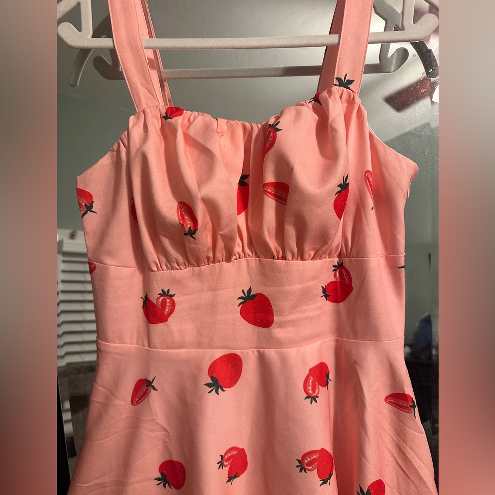NWT Belle Poque Strawberry Print Pink Swing Midi A Line Dress - Picture 3 of 12